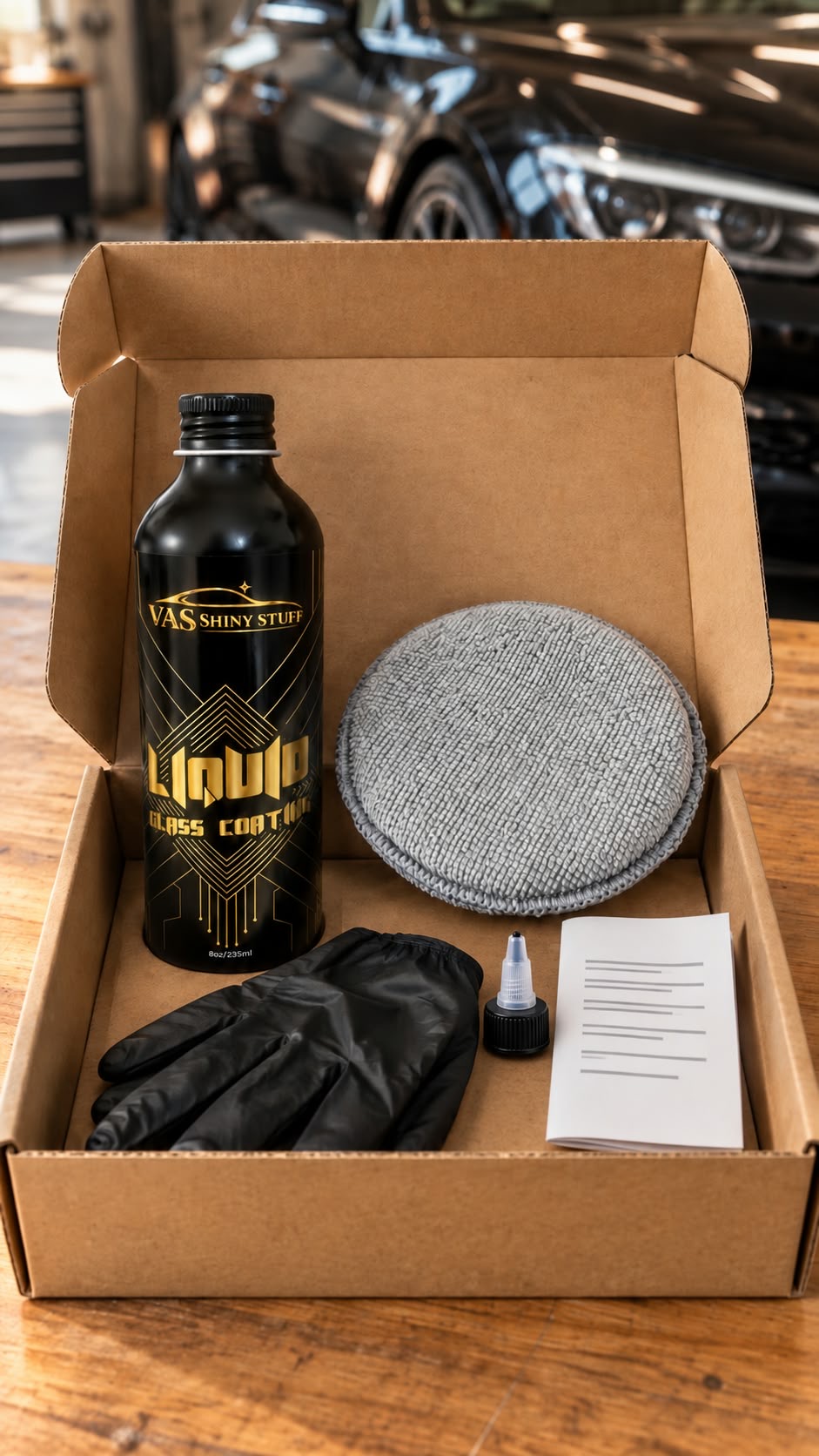 VAS Shiny Stuff kit in its box: 235ml bottle, applicator sponge, protection gloves, dripping cap and instructions
