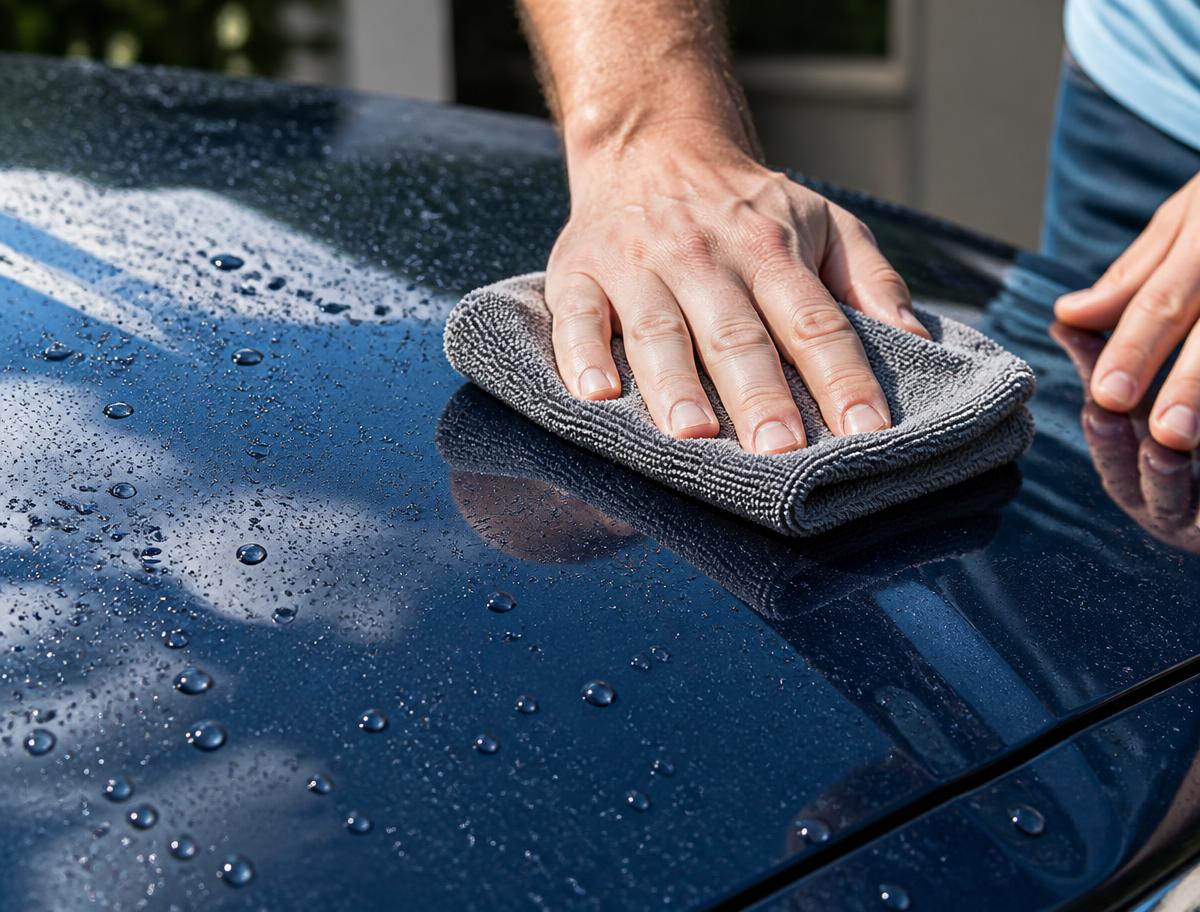 Close-up of a microfibre cloth buffing water beads from dark blue car paint